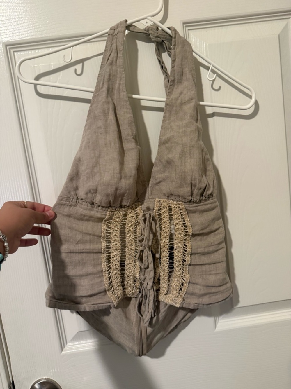 Y2K Bisou Bisou Beige/Taupe Linen Halter Top with Crochet Detail Boho Size 4